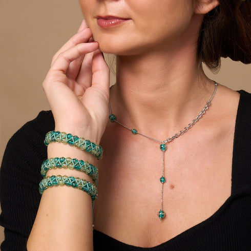 Sarcelle | Argent | Suspension double cascade de verre Firefly